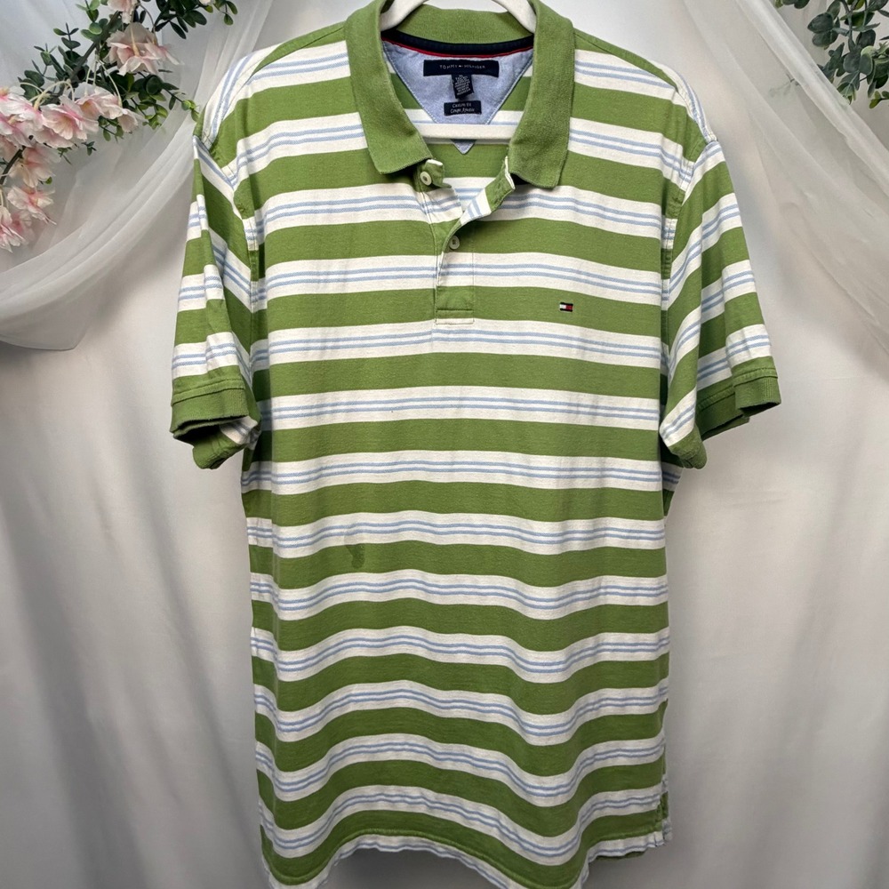 Tommy Hilfiger Mens XL Custom Fit Striped Polo Shirt Green White Blue Short Slv